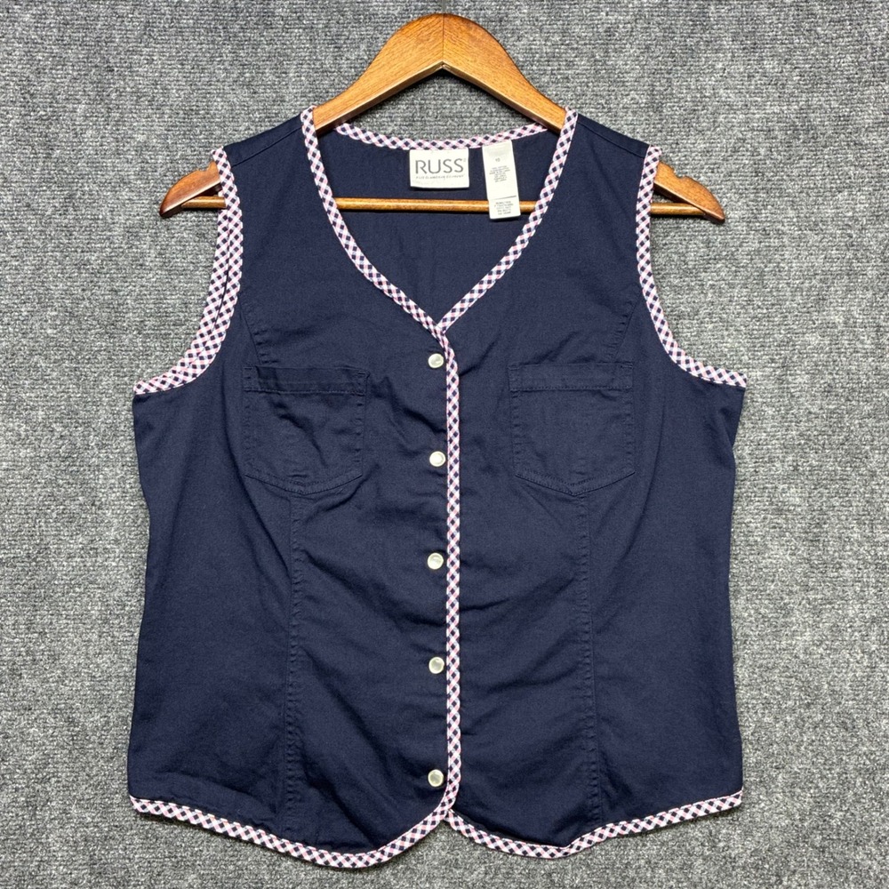 Russ Retro Preppy Vest Womens 10β Navy Blue Cotton Gingham Trim Pearl Snap Rodeo